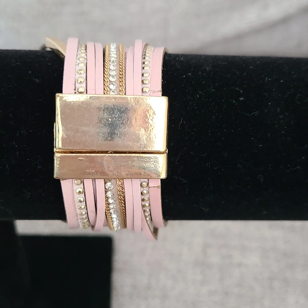 Bracelet leather pink gold and rhinestone